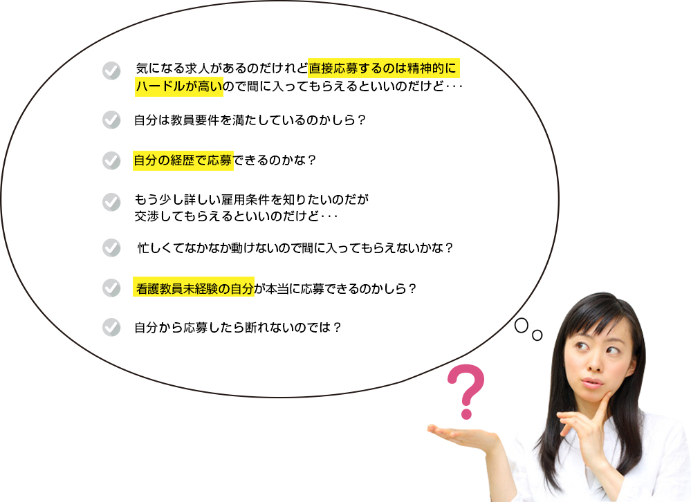 もう少し詳しい雇用条件を知りたいのだが交渉してもらえるといいのだけど･･･自分の経歴で応募できるのかな？気になる求人があるのだけれど直接応募するのは精神的にハードルが高いので間に入ってもらえるといいのだけど･･･自分は教員要件を満たしているのかしら？看護教員未経験の自分が本当に応募できるのかしら？自分から応募したら断れないのでは？忙しくてなかなか動けないので間に入ってもらえないかな？